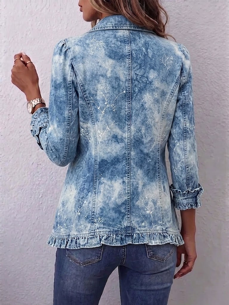 Maud dames blauw botanisch jasje met ruches