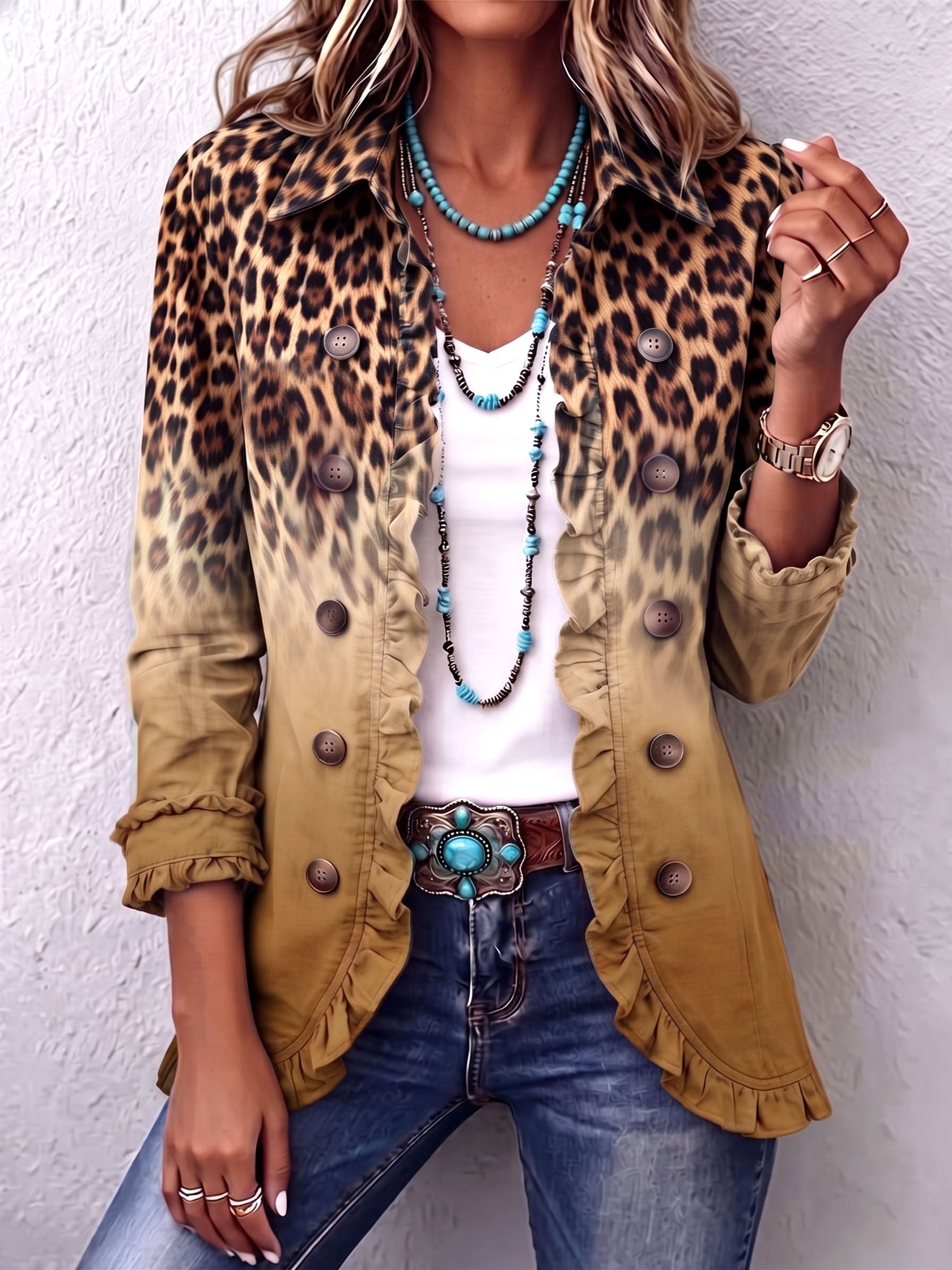 Fleur dames luipaardblazer met kleurverloop en ruches
