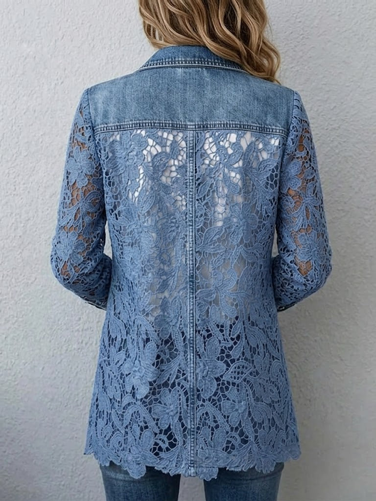Femke dames denimblauwe blazer met bloemenkant