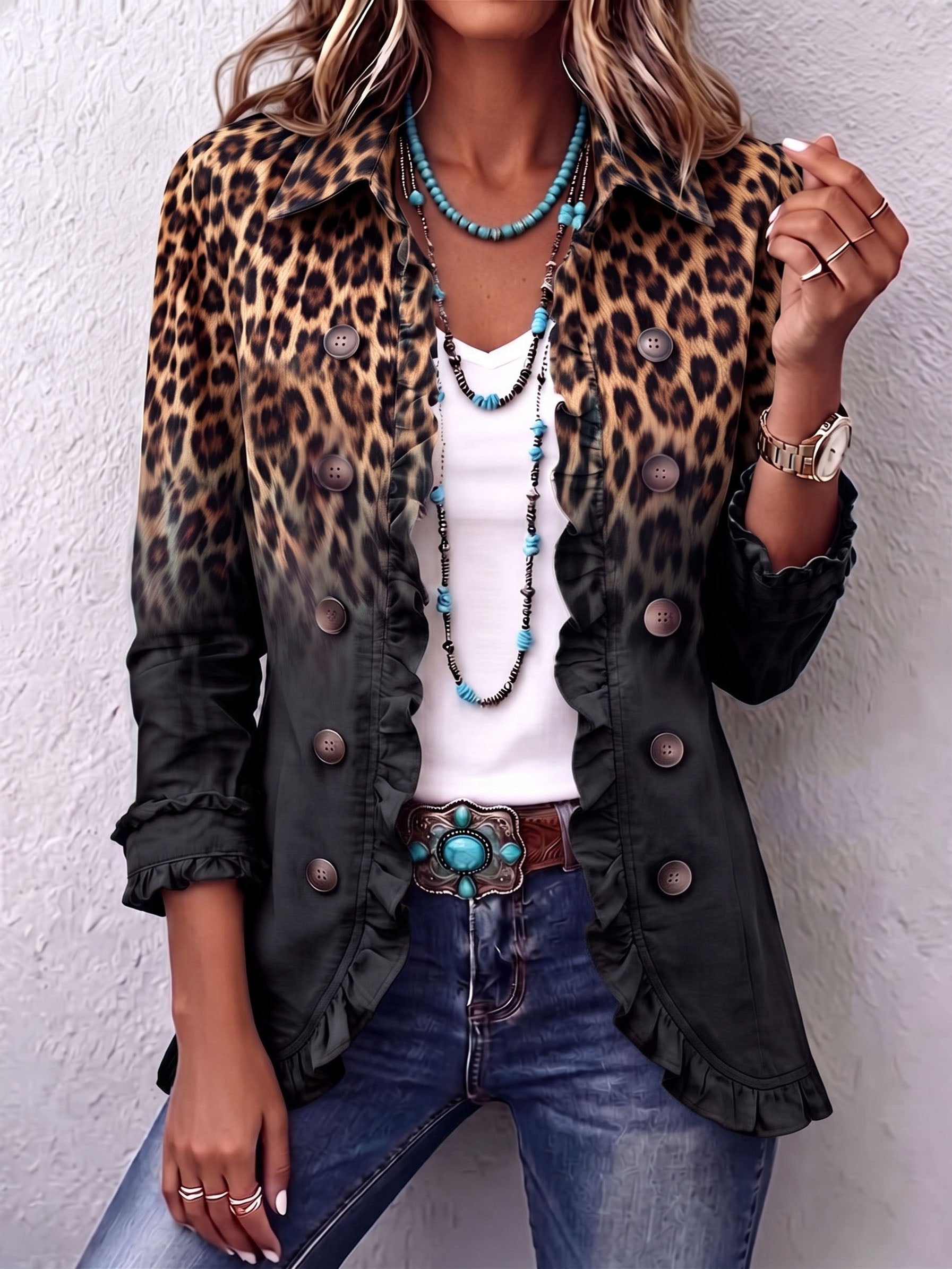 Esmee dames antracietkleurige luipaardblazer met ruches