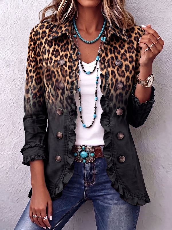 Esmee dames antracietkleurige luipaardblazer met ruches
