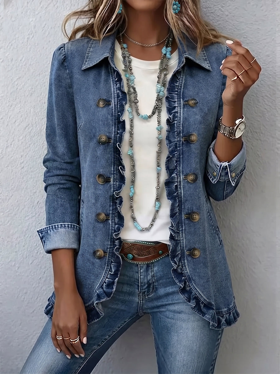 Noor dames middenblauw jasje met ruches