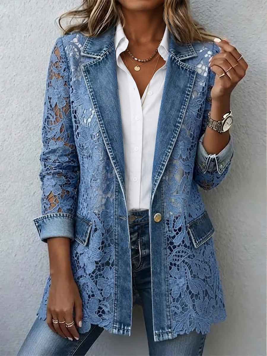 Femke dames denimblauwe blazer met bloemenkant