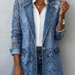 Femke dames denimblauwe blazer met bloemenkant