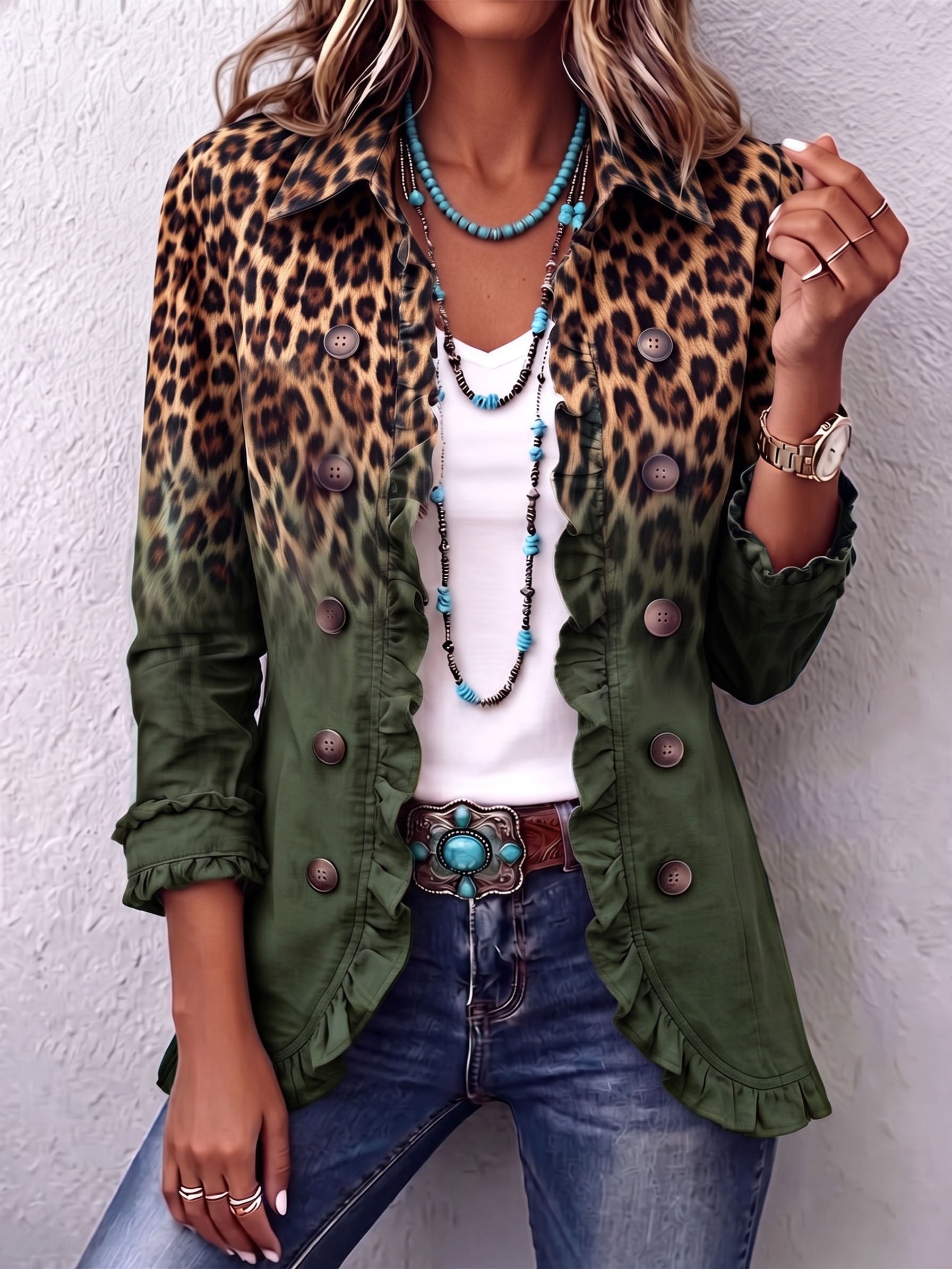 Fleur dames luipaardblazer met kleurverloop en ruches