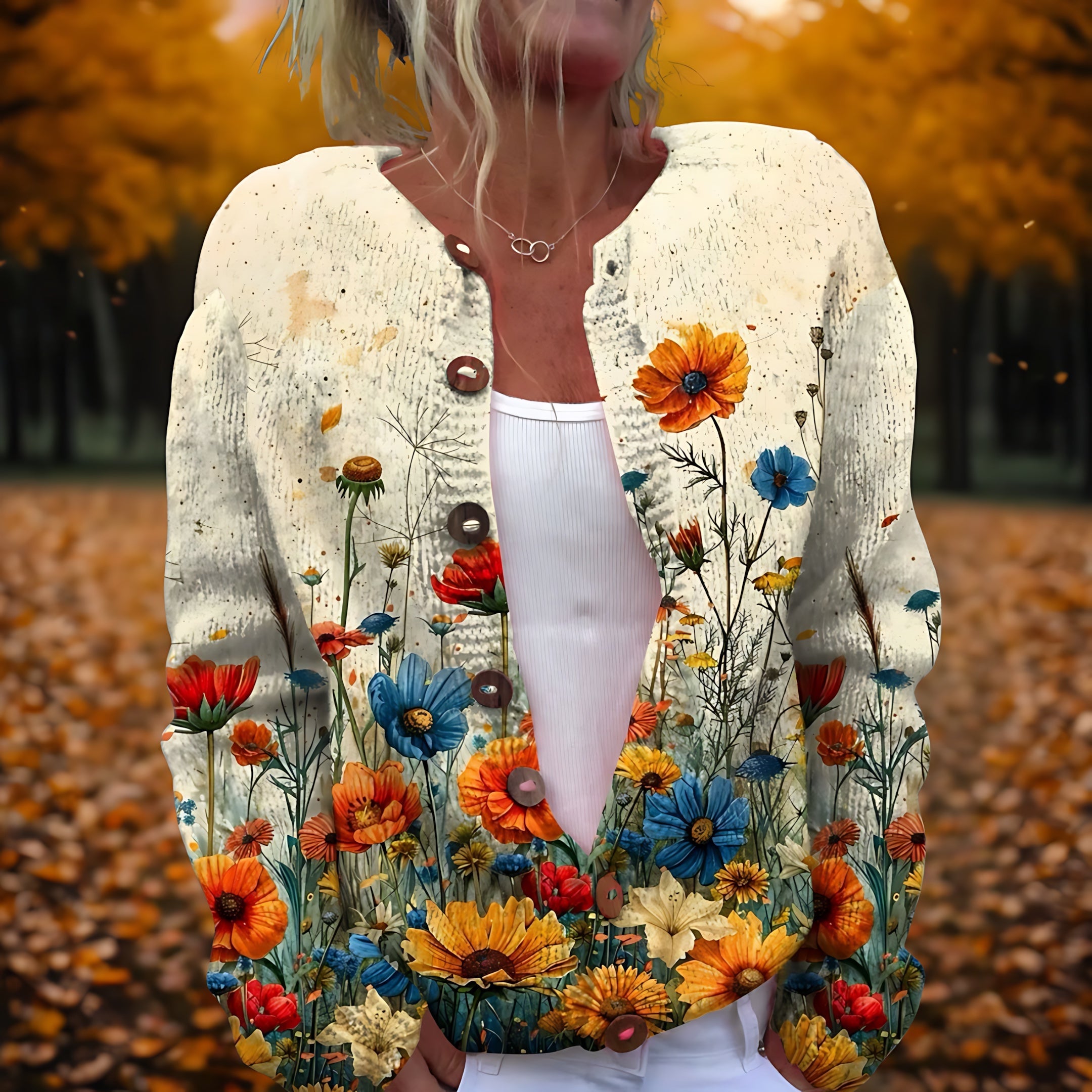 Zacht vest met wilde bloemenprint voor dames, gedragen over een effen top en een jeans