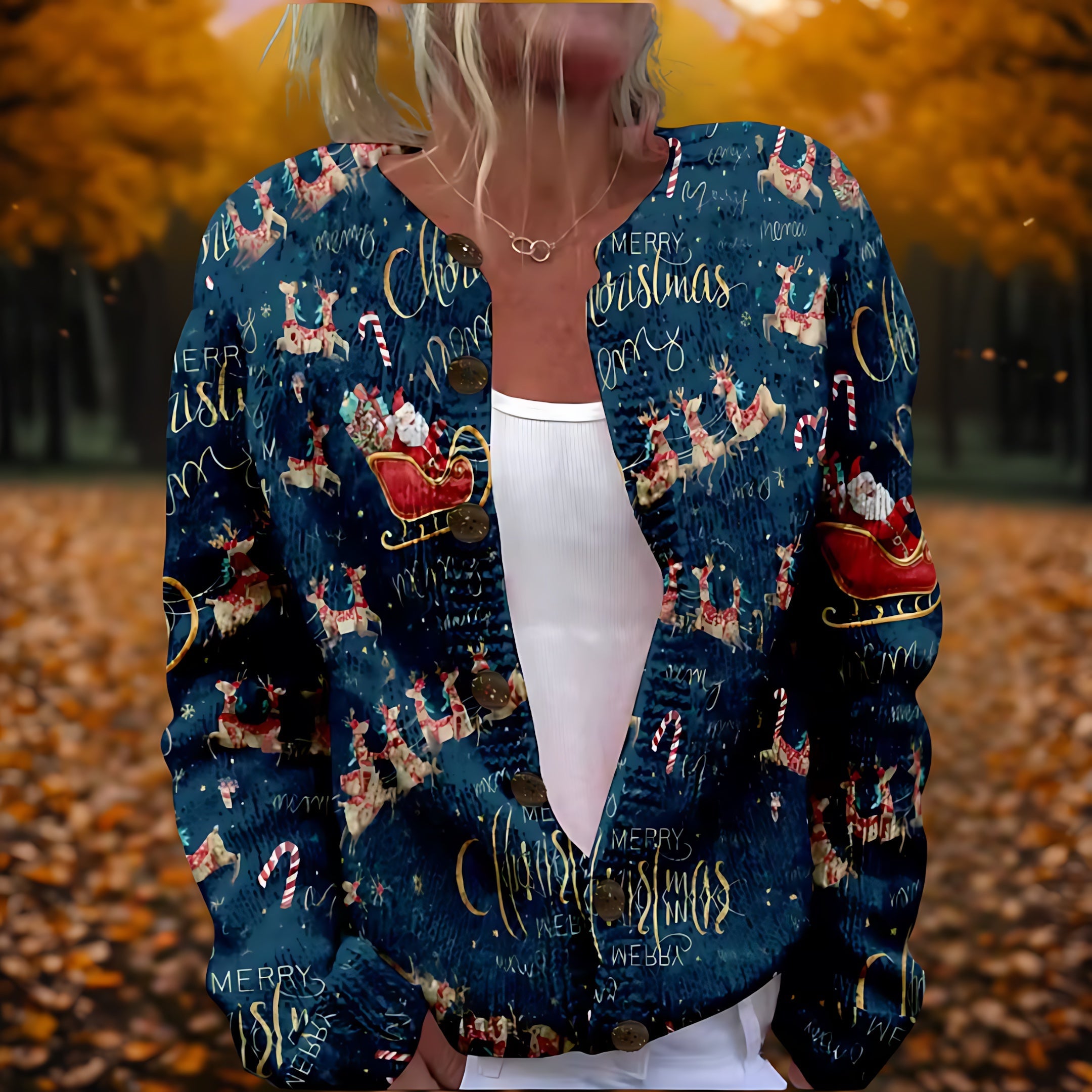 Kerstvest met kerstmanprint en knopen voor dames, los gedragen over een effen top