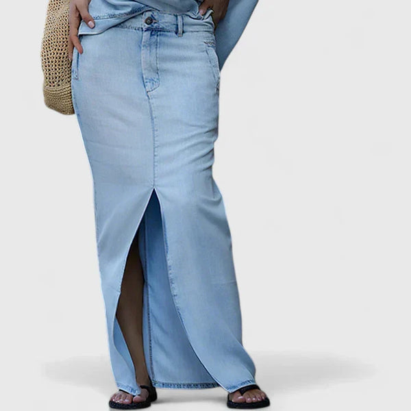 Elegante maxi rok set met asymmetrische schoudertop en lange spijkerrok met split