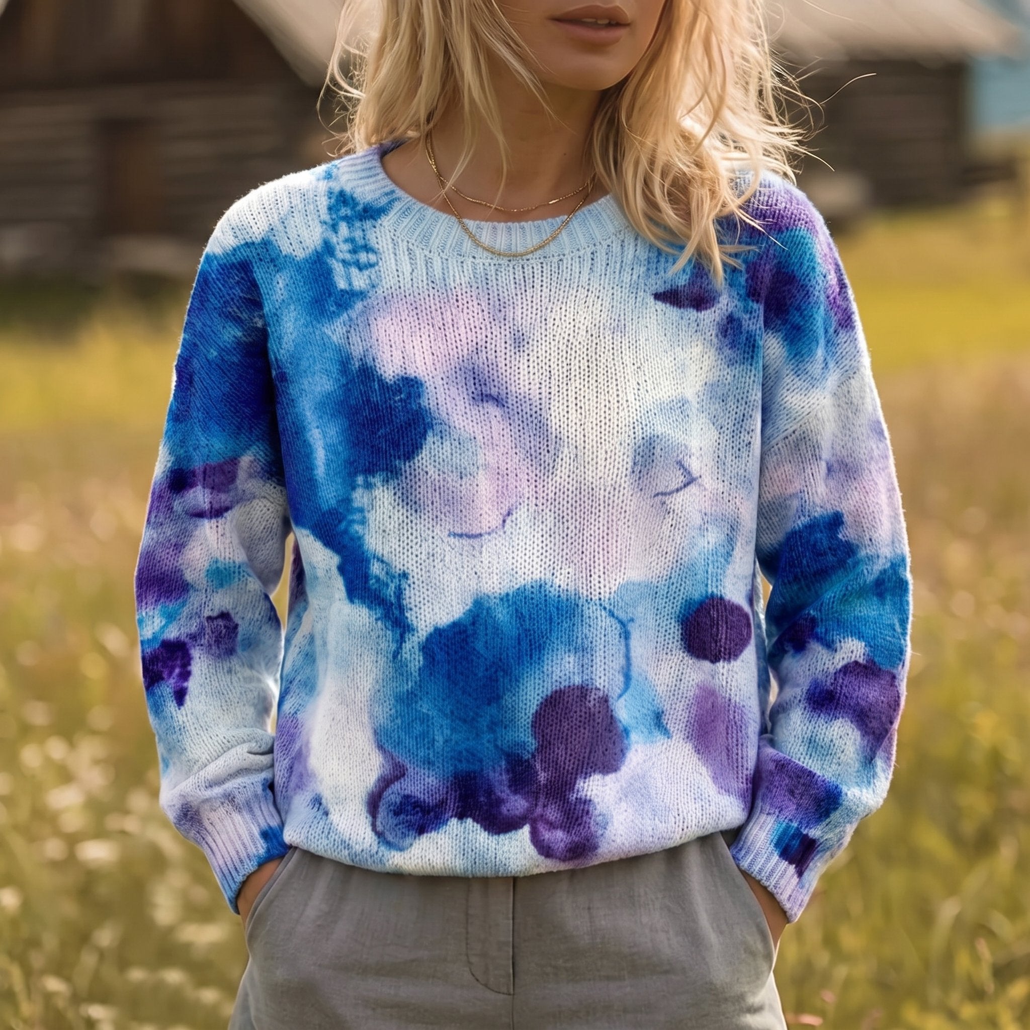 Femke blauwe tie-dye trui met ronde hals