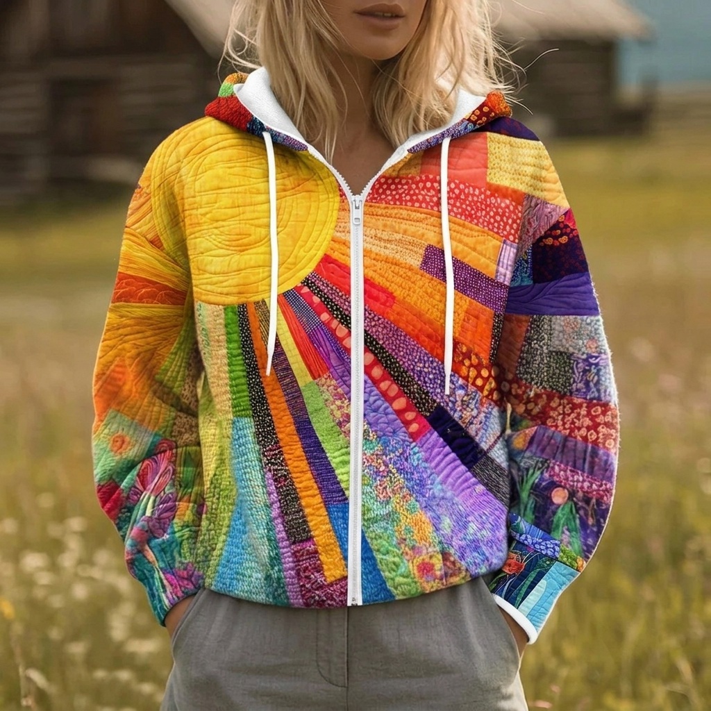 Hanne hoodie met rits en regenboog-sunburst