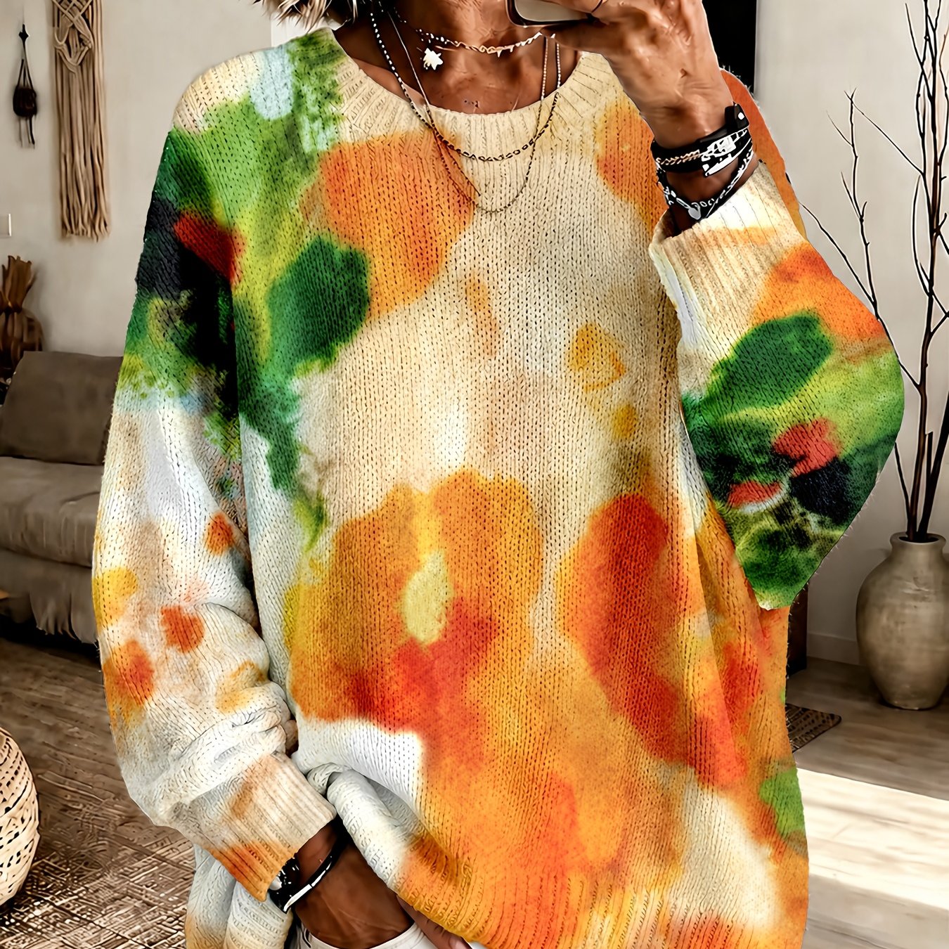 Eline oranje tie-dye trui met ronde hals