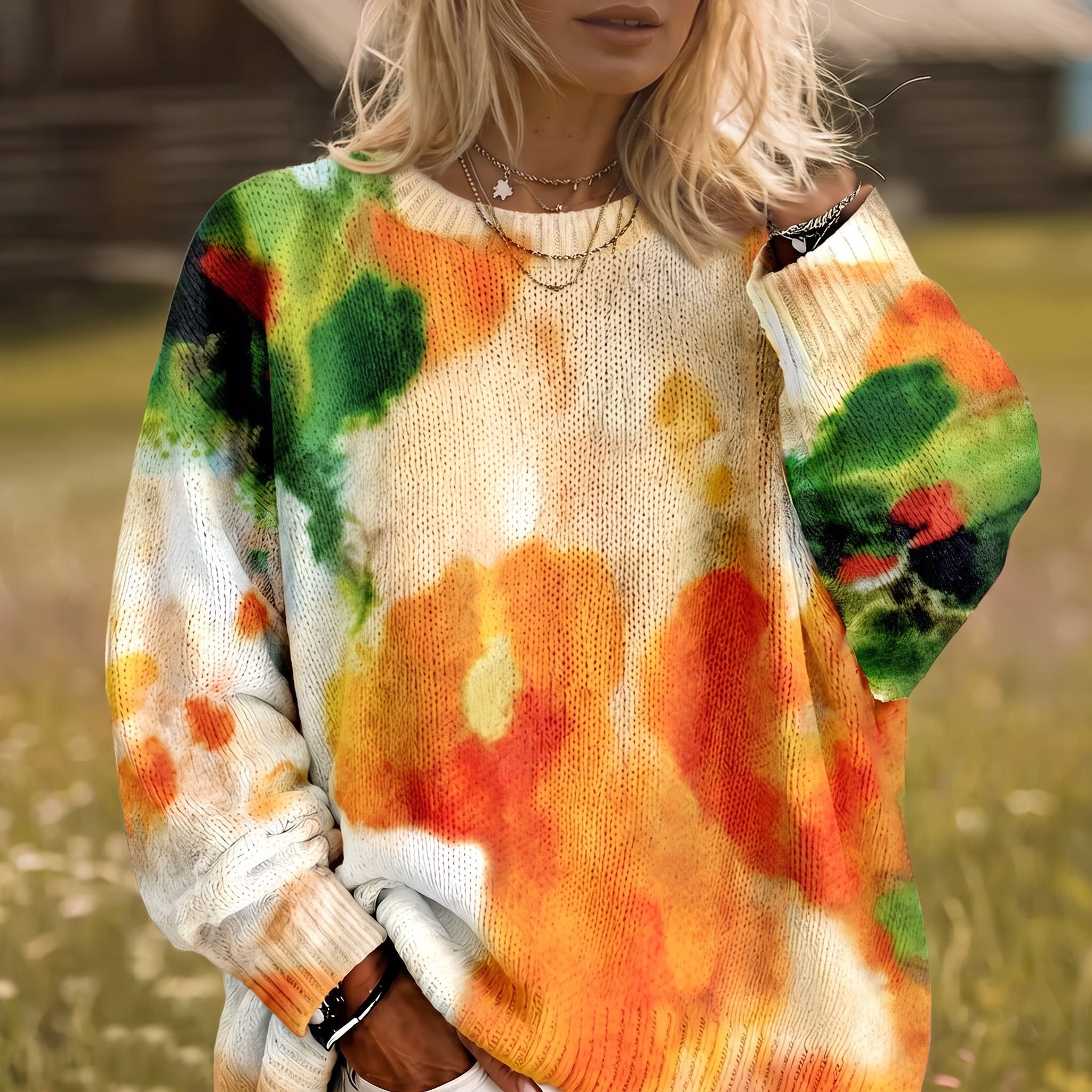 Eline oranje tie-dye trui met ronde hals