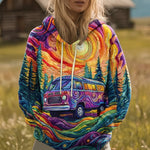 Lieke hoodie met zonsondergang en roadtrip-print