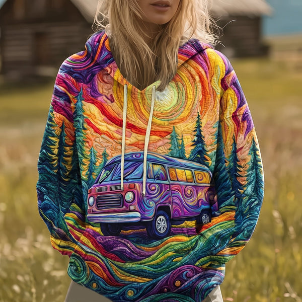 Lieke hoodie met zonsondergang en roadtrip-print