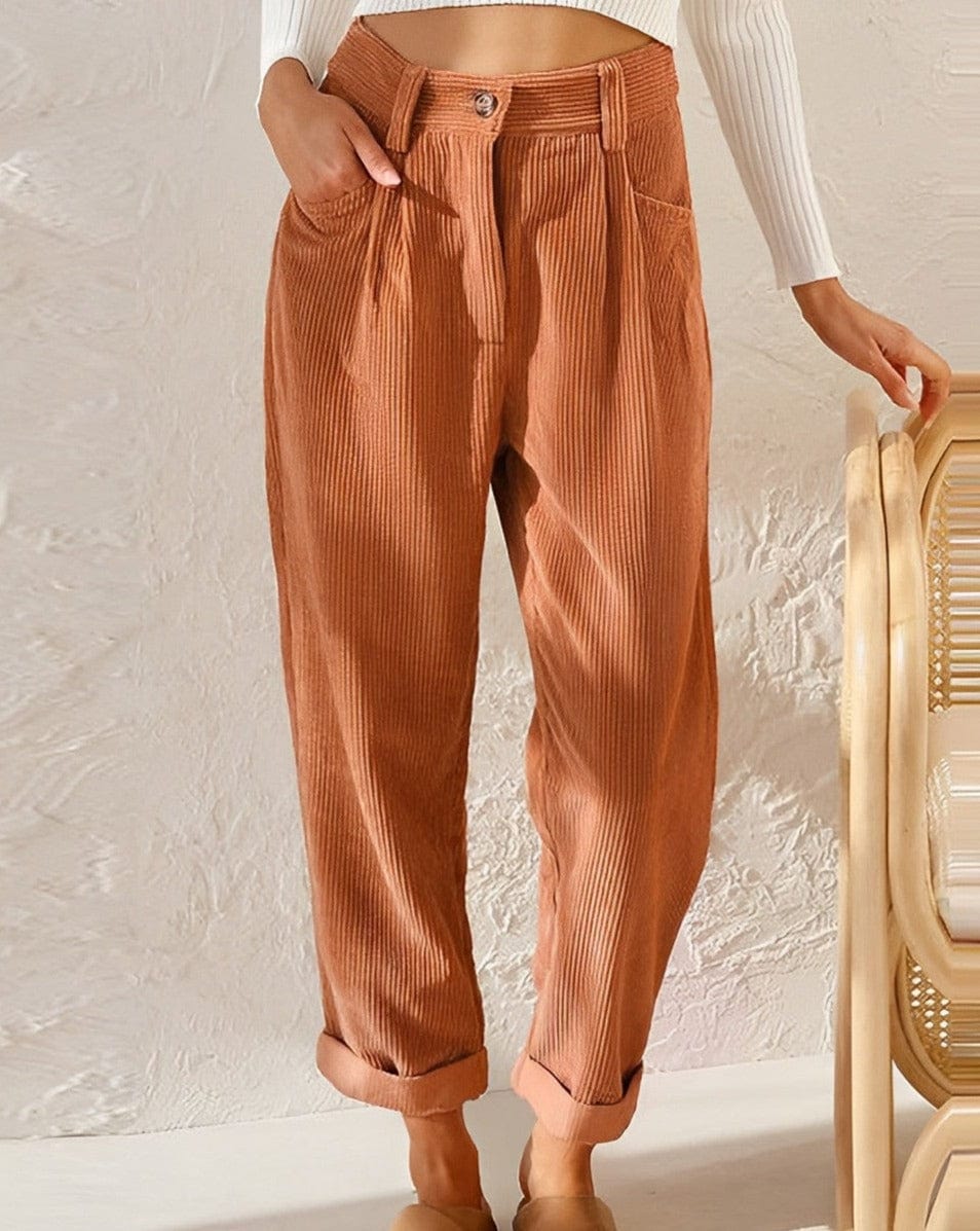 Tijdloze casual damesbroek met hoge taille, ruime pasvorm en diepe steekzakken